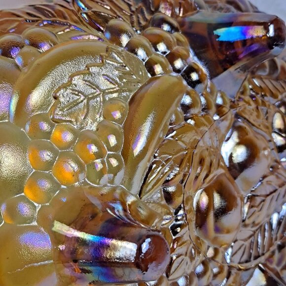 Indiana Glass Amber Carnival Glass Oval Footed Fruit Bowl Embossed Vintage - Picture 10 of 11